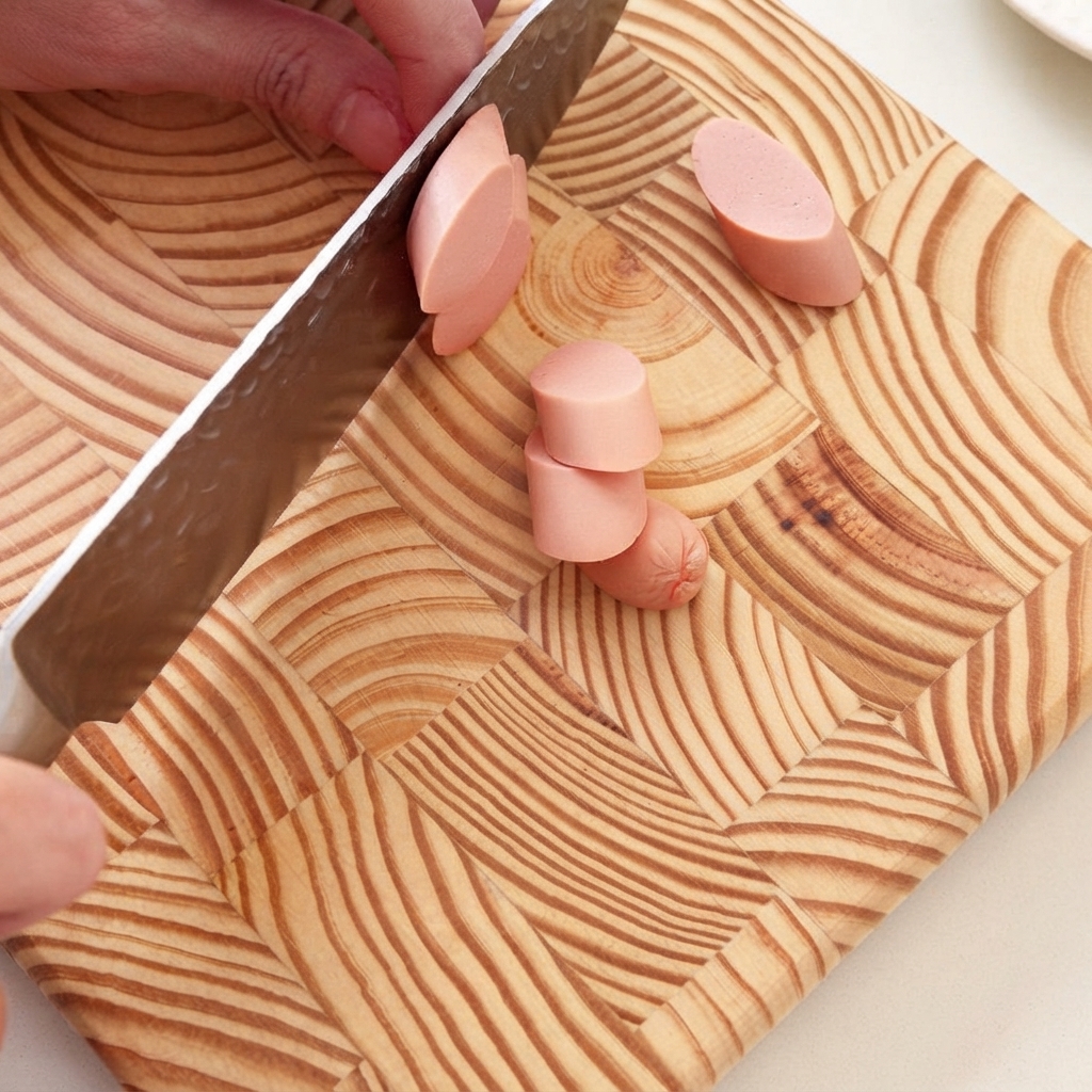 Bloque de tofu blanco cortado en pequeños cuadrados sobre una tabla de cortar de madera.