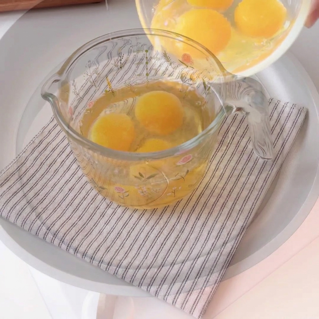 Huevos crudos vertidos desde un recipiente medidor en una sartén caliente con aceite.