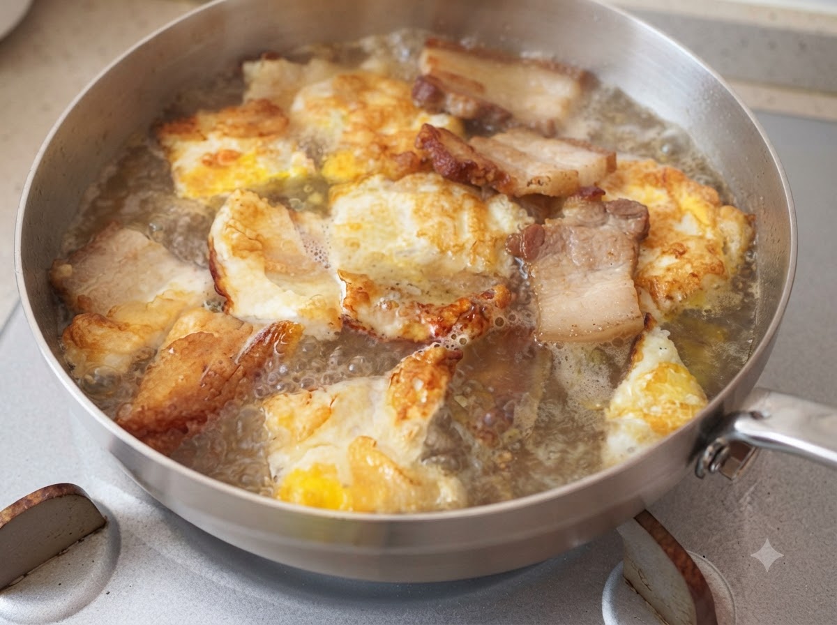 Champiñones en rodajas, salchichas de jamón y trozos de tofu blanco colocados en la olla con caldo.