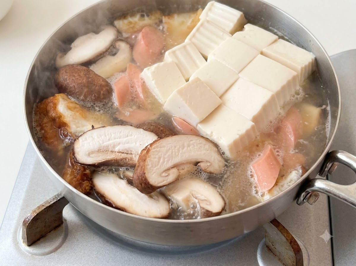Una cuchara medidora agregando sal en la olla de sopa hirviendo.