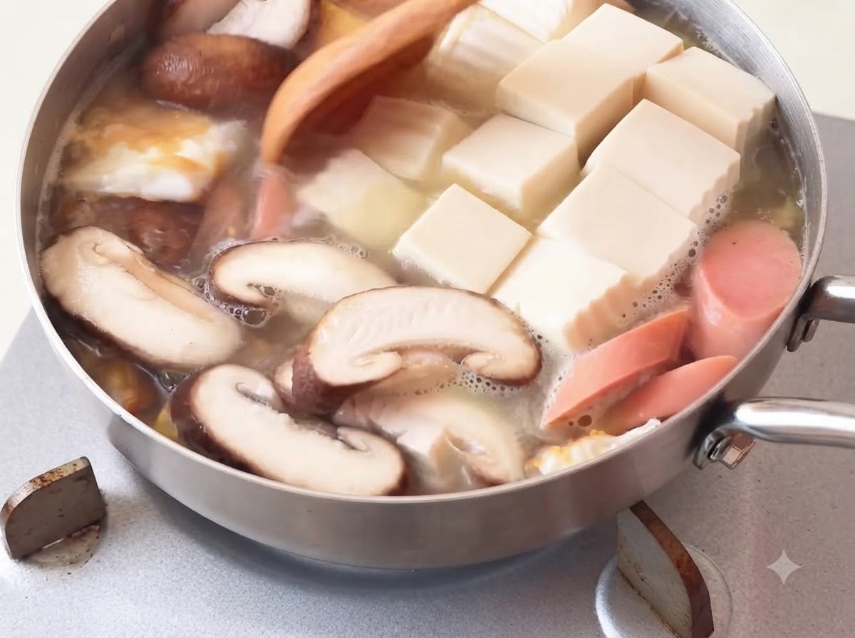 Hojas de col napa frescas añadidas a la sopa hirviendo con una cuchara de madera.