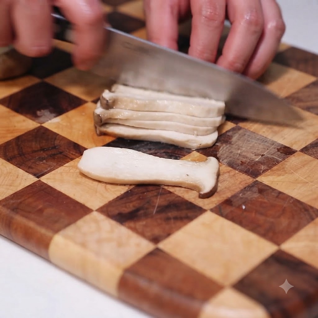 Un cuchillo de chef cortando hongos individuales en piezas limpias y uniformes sobre una tabla de cortar de madera a cuadros.