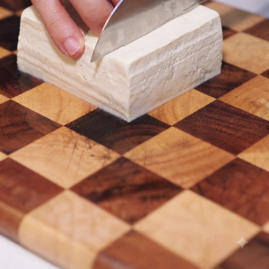 Una mano sosteniendo un cuchillo que corta un bloque grueso de tofu blanco firme en porciones triangulares limpias sobre una tabla de cortar.