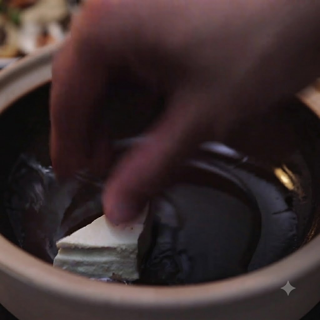Una mano colocando un triángulo de tofu firme en una olla de barro caliente llena de aceite para freír hasta que esté dorado.