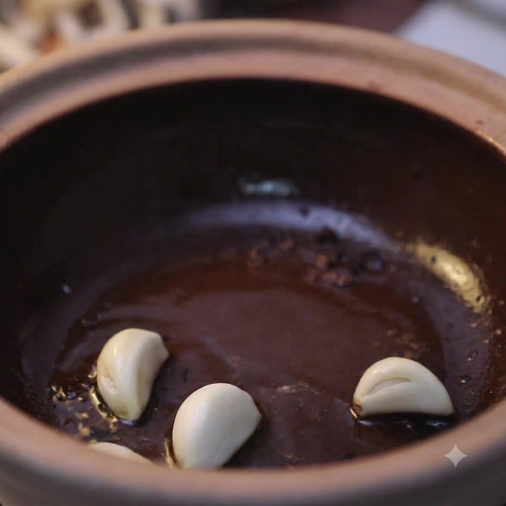 Varios dientes de ajo pelados chisporroteando en aceite caliente dentro de una olla de barro de terracota oscura.