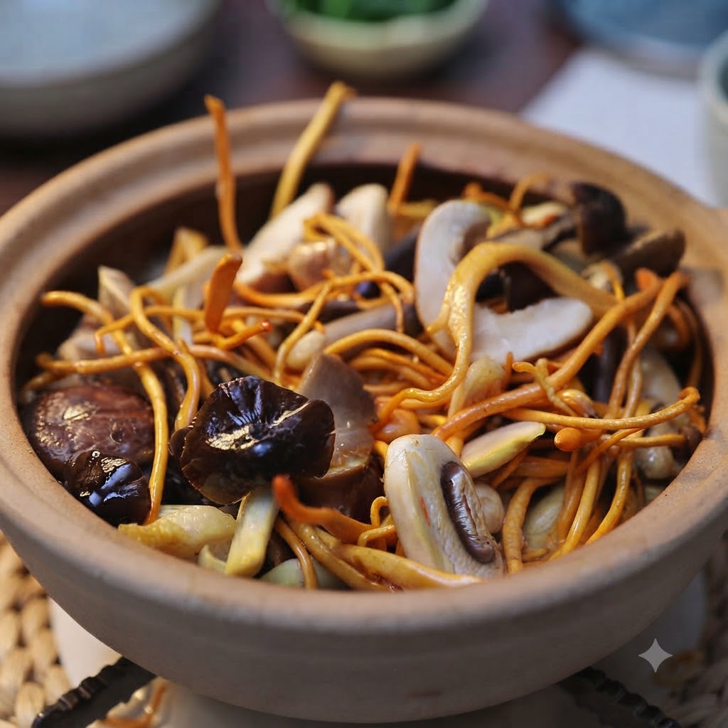 Una olla de barro llena de una mezcla densa de hongos salteados y tofu frito de color marrón dorado dispuesto ordenadamente encima.