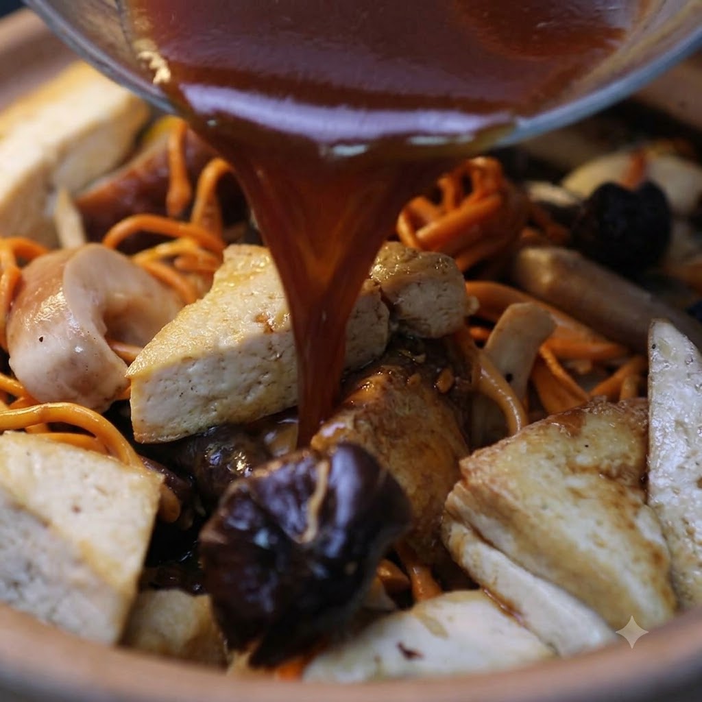 Una salsa sabrosa de color marrón oscuro que se vierte desde un tazón de vidrio sobre el tofu frito y varios hongos dentro de una olla de barro.