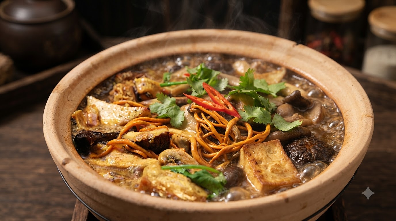 Olla de Hongos Variados y Tofu (Estilo Buddha Jumps Over the Wall)