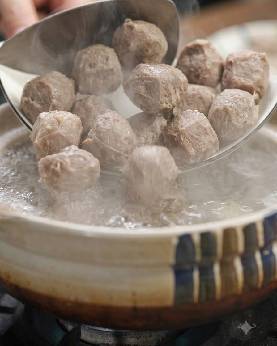 Albóndigas de res cayendo desde una cuchara a una olla de agua hirviendo.