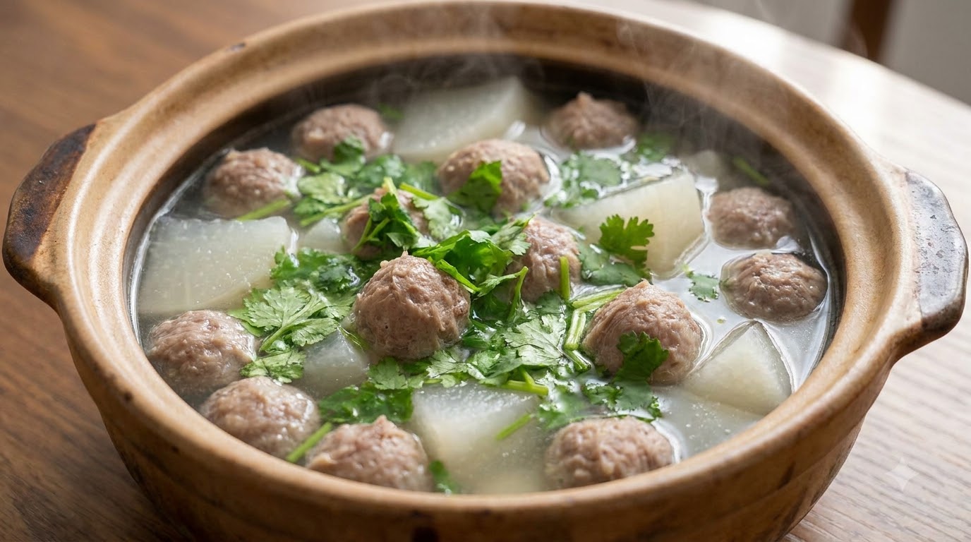 Sopa de Albóndigas de Res con Rábano Blanco