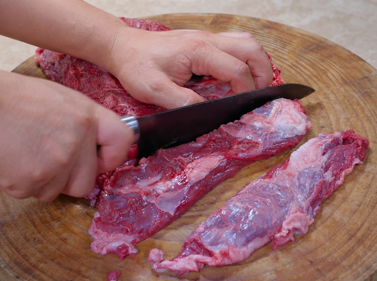Manos usando un cuchillo de cocina para cortar carne cruda en tiras largas y trozos uniformes sobre una tabla de cortar redonda de madera.