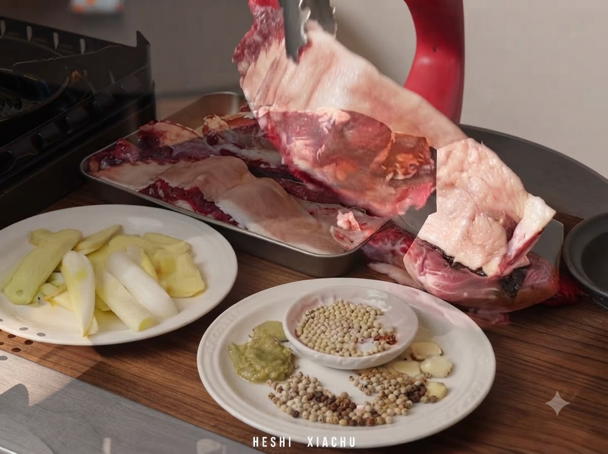 Trozos crudos de pecho de ternera siendo añadidos a una sartén llena de agua fría, jengibre y cebolletas.