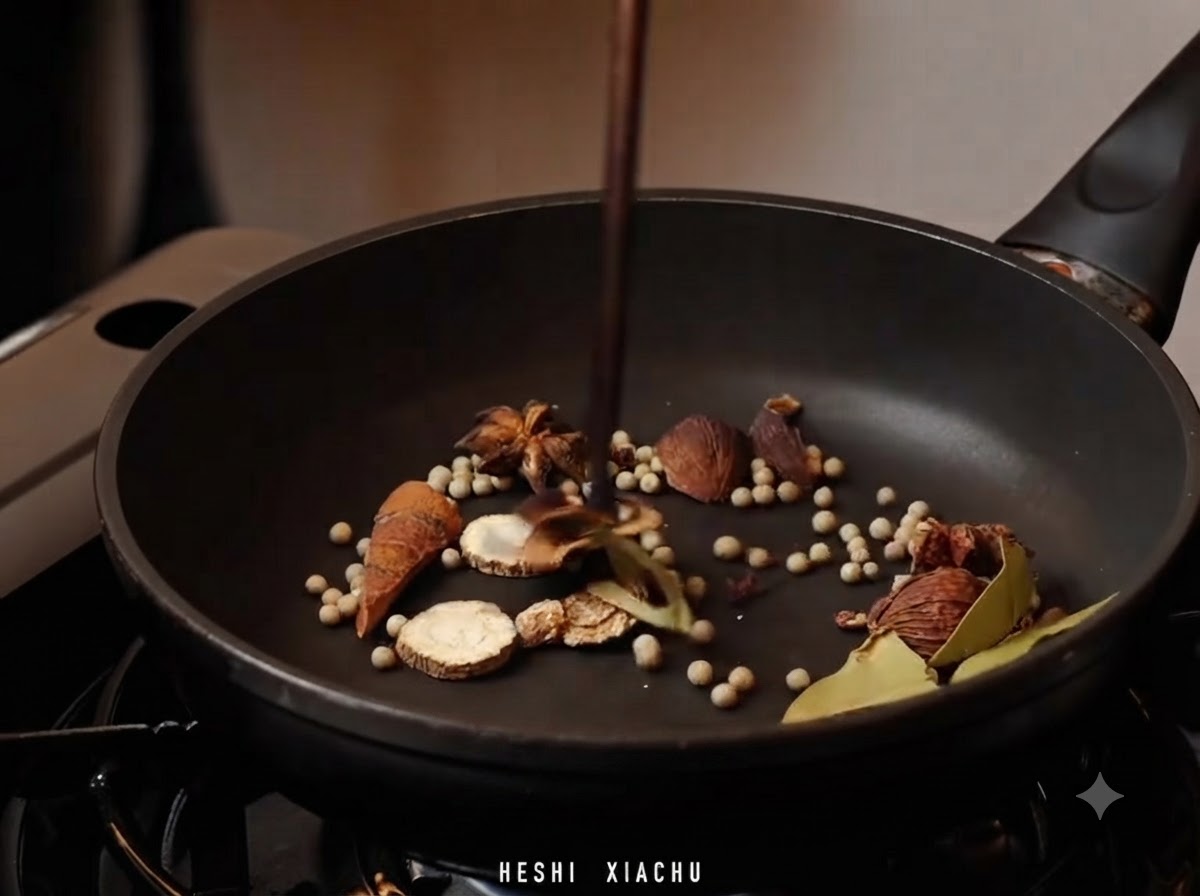 Varias especias secas y granos de pimienta blanca siendo tostados en una sartén usando palillos.