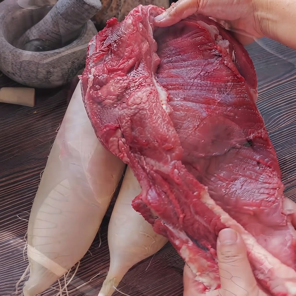 Falda de ternera cruda lavándose bajo el grifo del fregadero de la cocina.