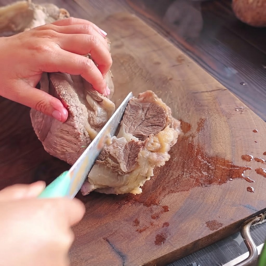 Falda de ternera cocida cortándose en trozos grandes con un cuchillo de mango verde sobre una tabla de madera.
