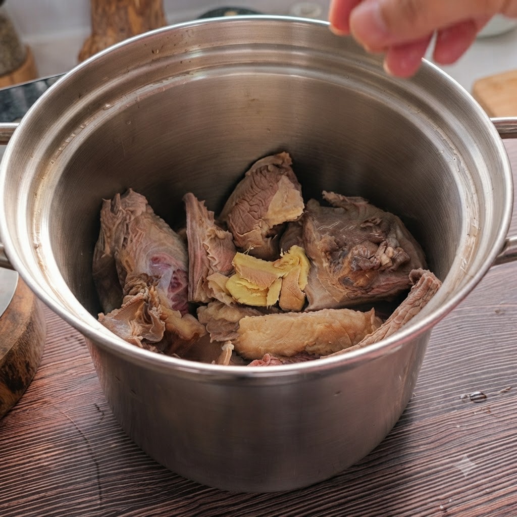 Trozos de ternera y rodajas de jengibre dentro de una olla de acero inoxidable listos para estofar.