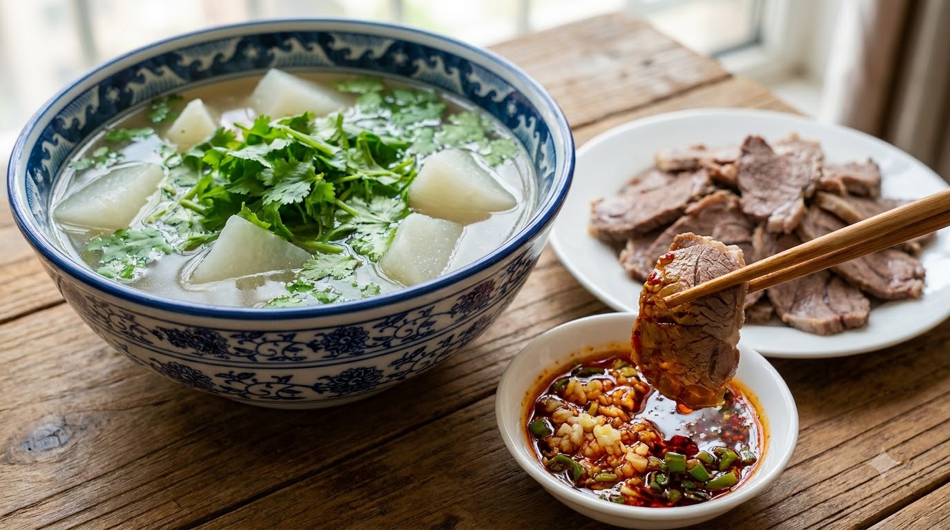 Un plato de sopa clara de ternera estofada con rábano blanco, servido con salsa de chile y rodajas de ternera