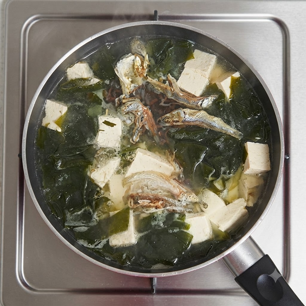 Polvo de dashi siendo espolvoreado en la olla de sopa a fuego lento.