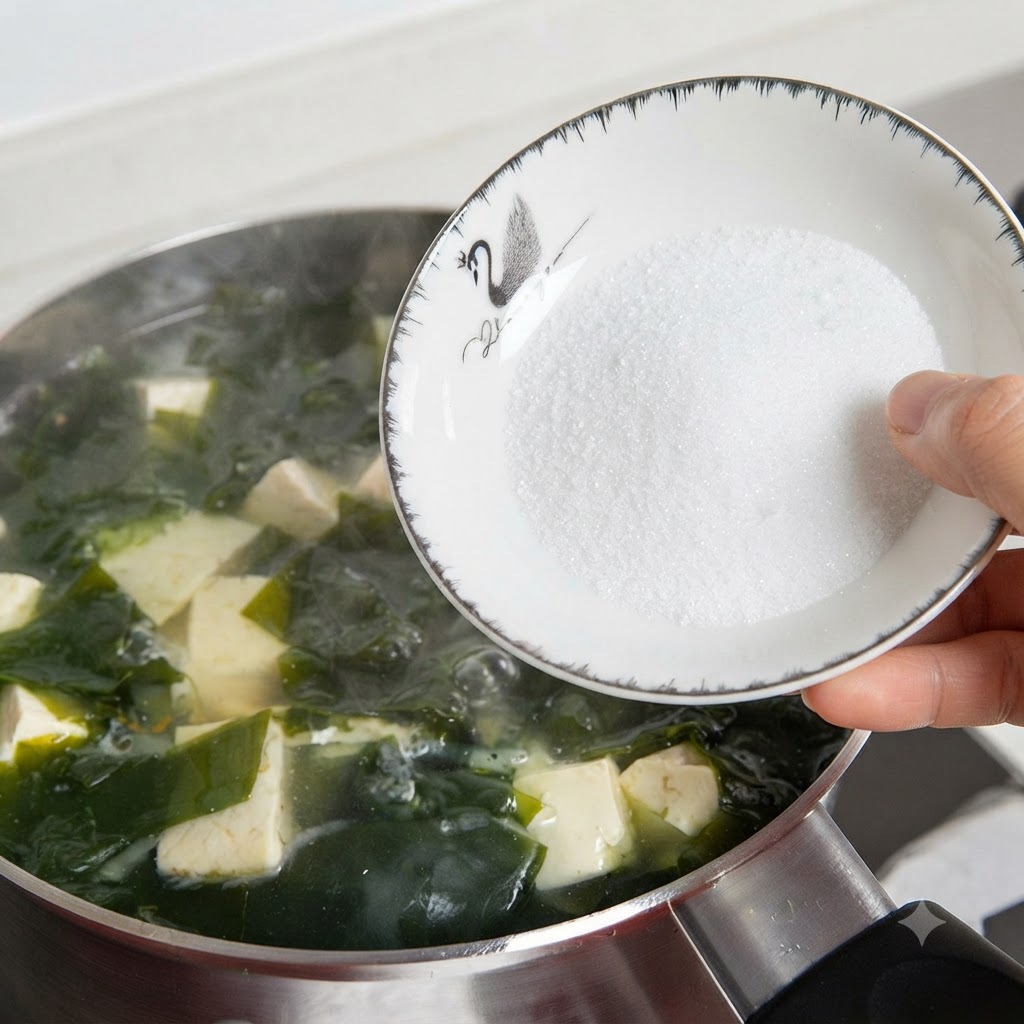Un bol blanco que contiene sal sostenido sobre una olla a fuego lento llena de sopa de algas y tofu.