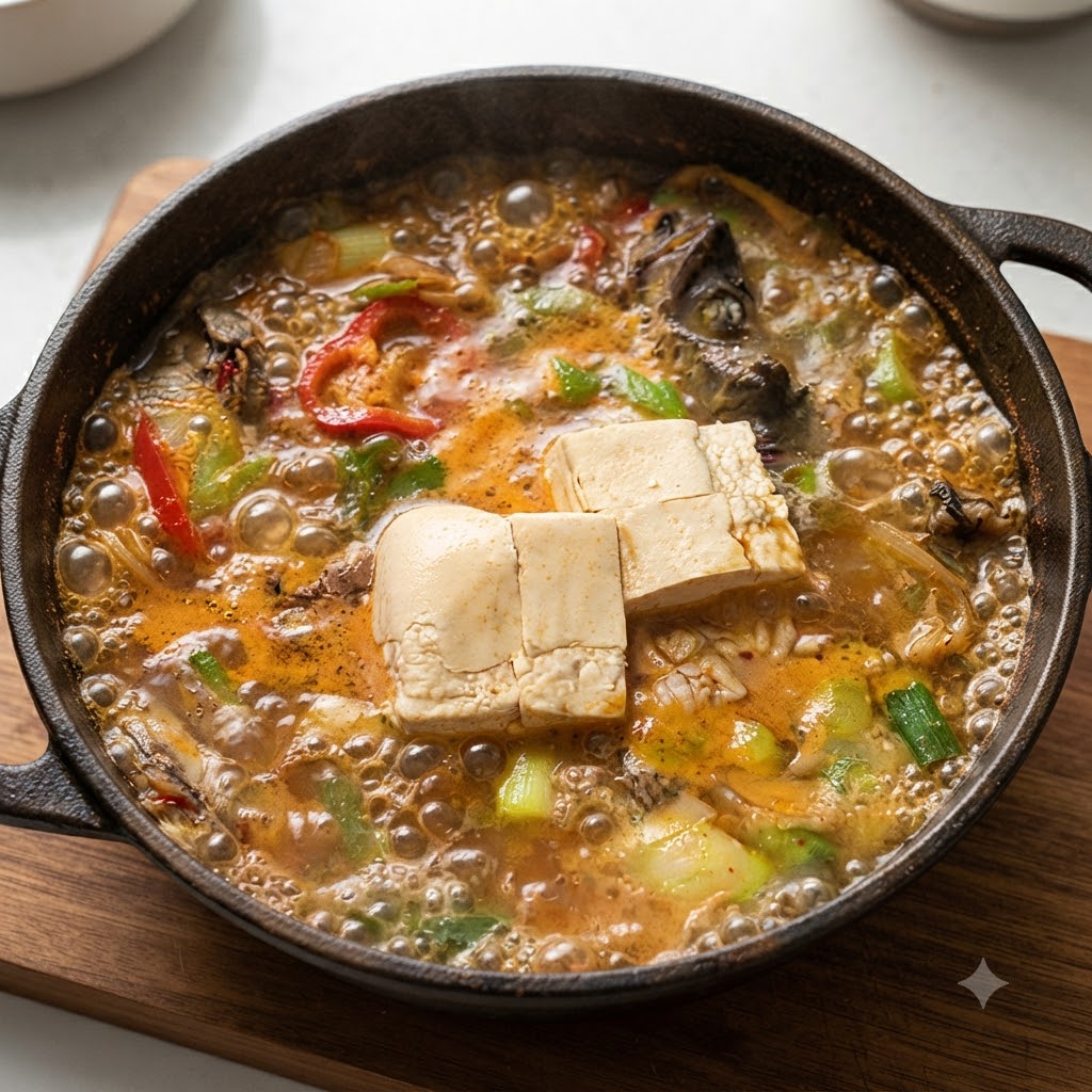 Bloques de tofu blanco reposando dentro de la olla de sopa de abadejo burbujeante como paso final de cocción.