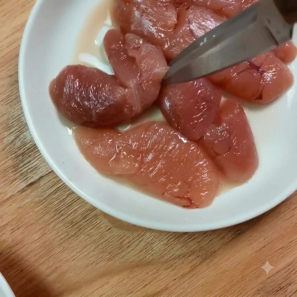 Trozos de huevas de abadejo cortándose en porciones más pequeñas con unas tijeras sobre un plato blancocite: 1.