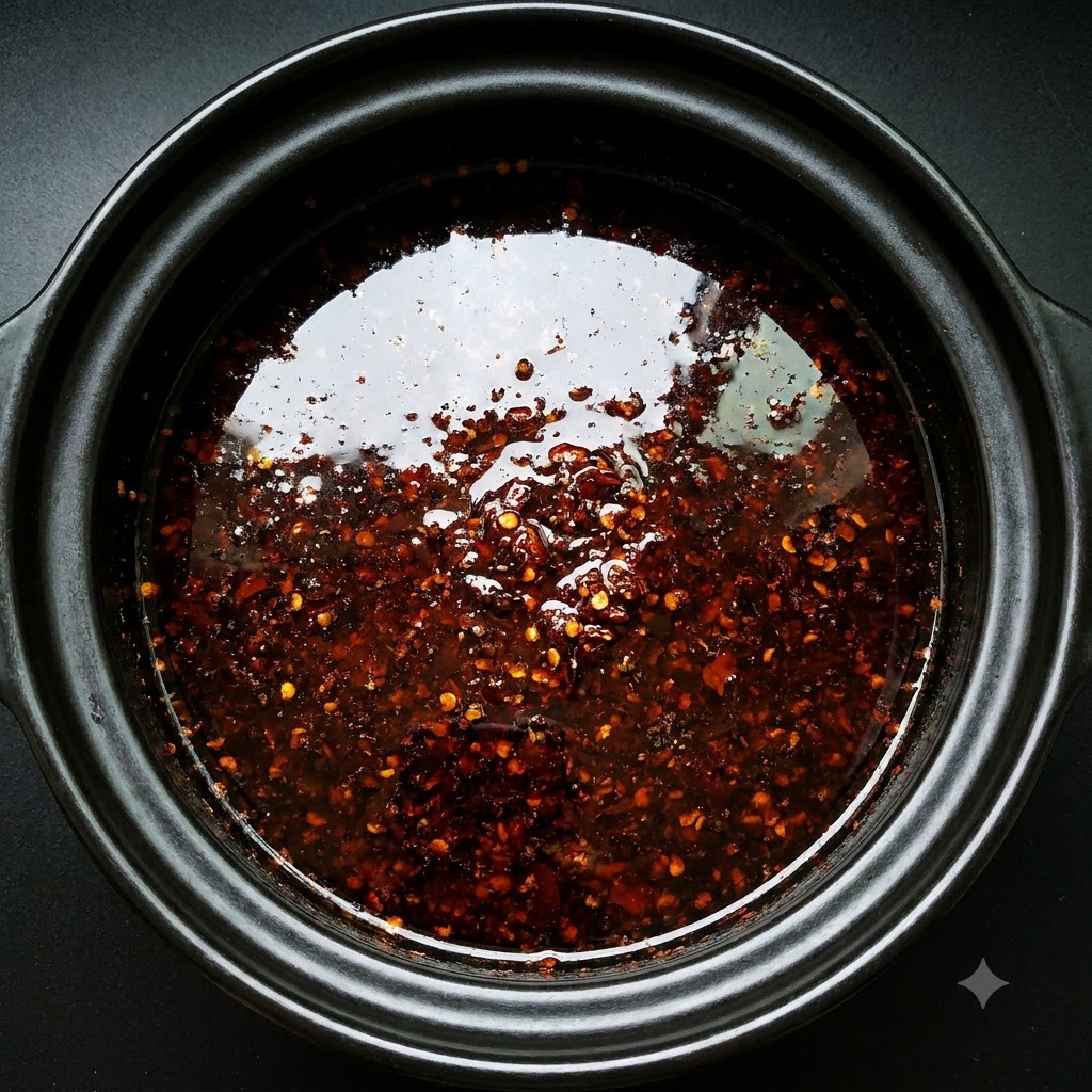 Salsa de soja vertiéndose en la mezcla de caldo rojo oscuro dentro de la olla de barrocite: 1.