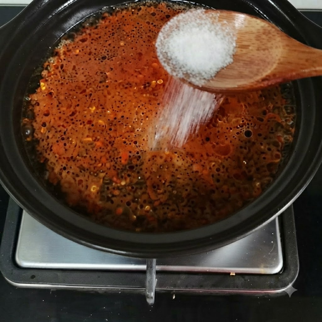 Sal vertiéndose desde una cuchara de madera en una olla burbujeante de caldo rojo condimentadocite: 1.