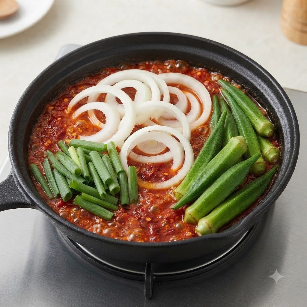 Aros de cebolla blanca y verduras verdes dispuestos cuidadosamente dentro de una olla oscura llena de caldo especiado burbujeantecite: 1.