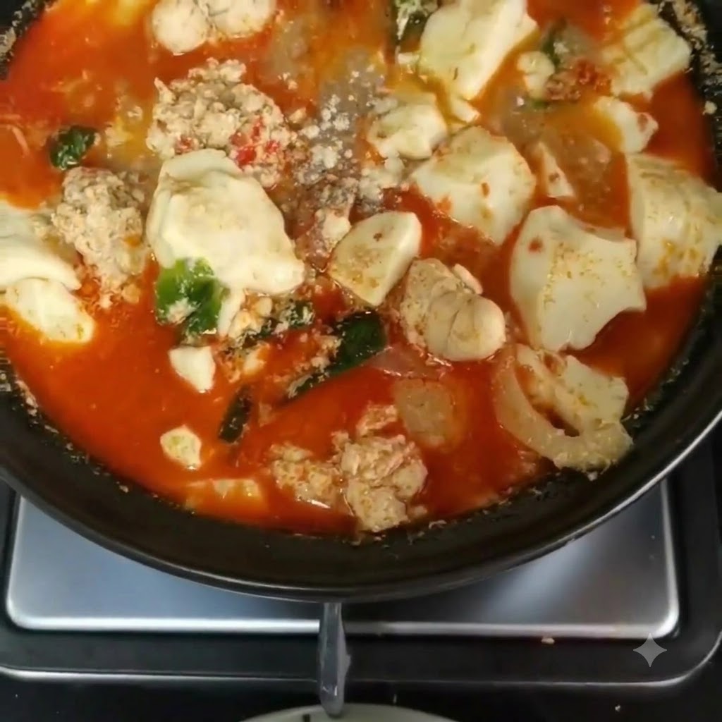 Pimienta en polvo espolvoreándose sobre una olla a fuego lento llena de huevas de abadejo, tofu suave y sopa roja picantecite: 1.