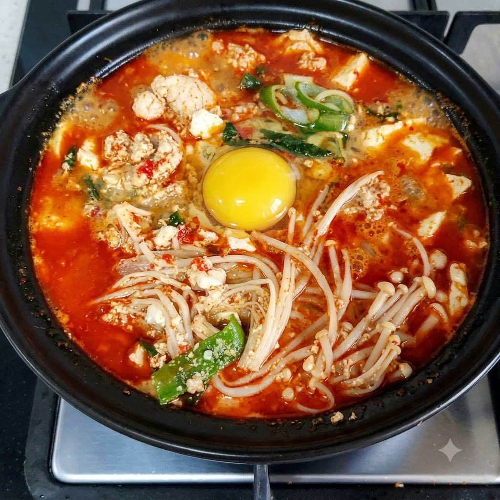 Una yema de huevo cruda rodeada de clara descansa en el centro de una sopa coreana roja burbujeante con setas y brotes de sojacite: 1.