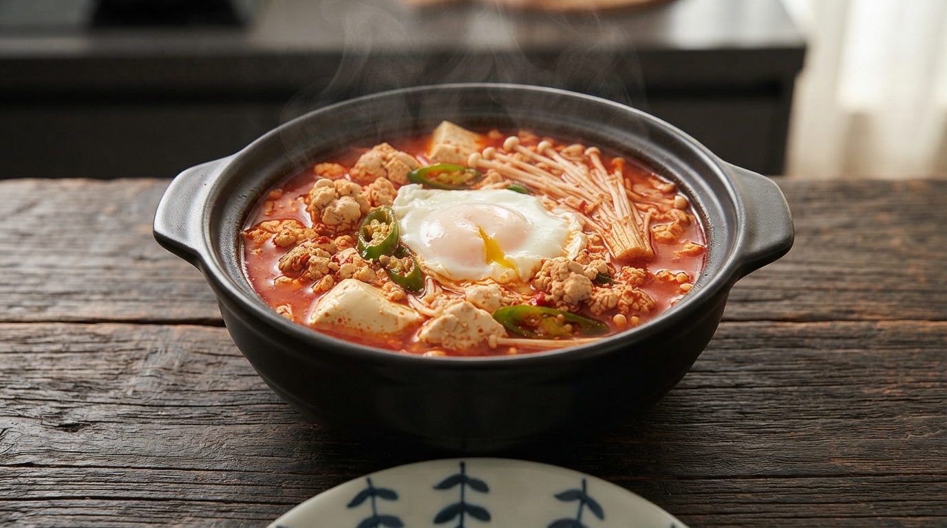 Sopa coreana picante de huevas de abadejo y tofu (Myeongran Sundubu Jjigae)[cite: 1]