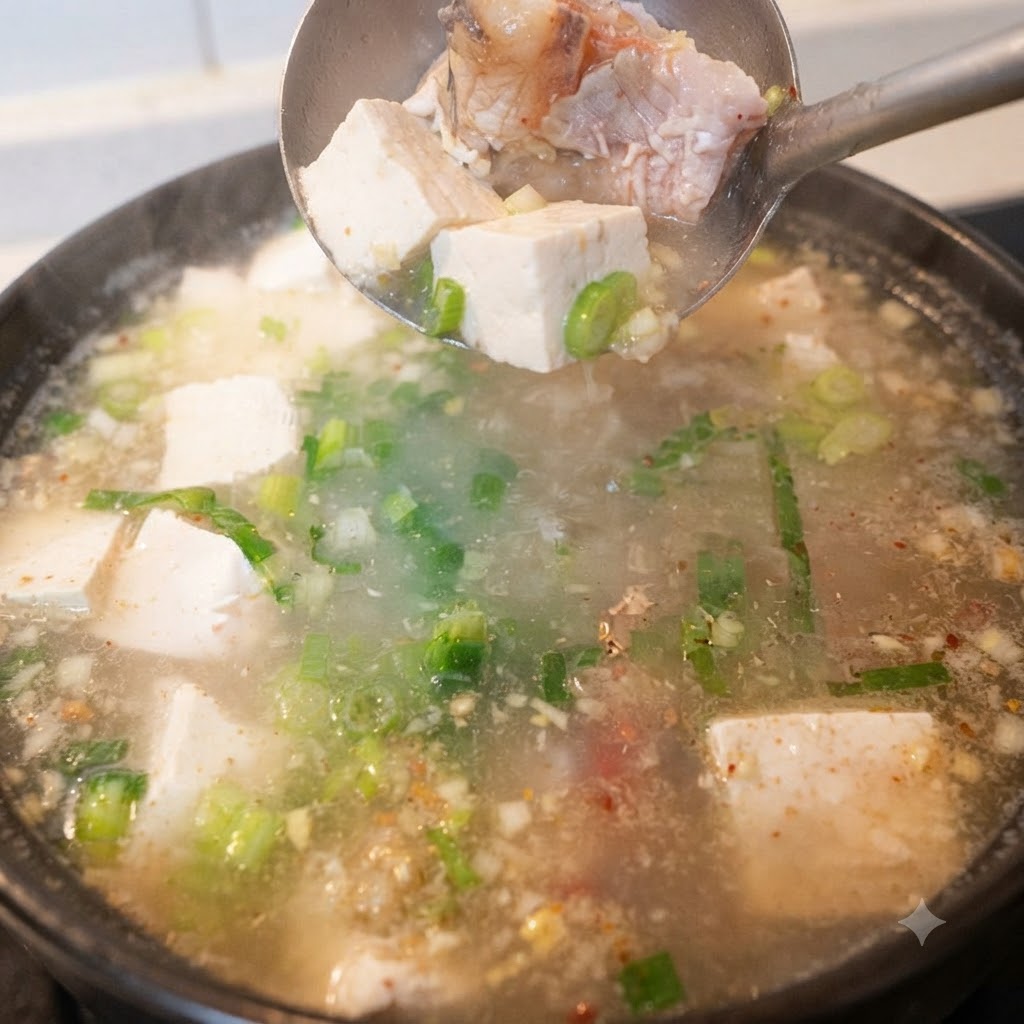 Cubos de tofu siendo añadidos a una olla de sopa de pescado a fuego lento usando un cucharón.