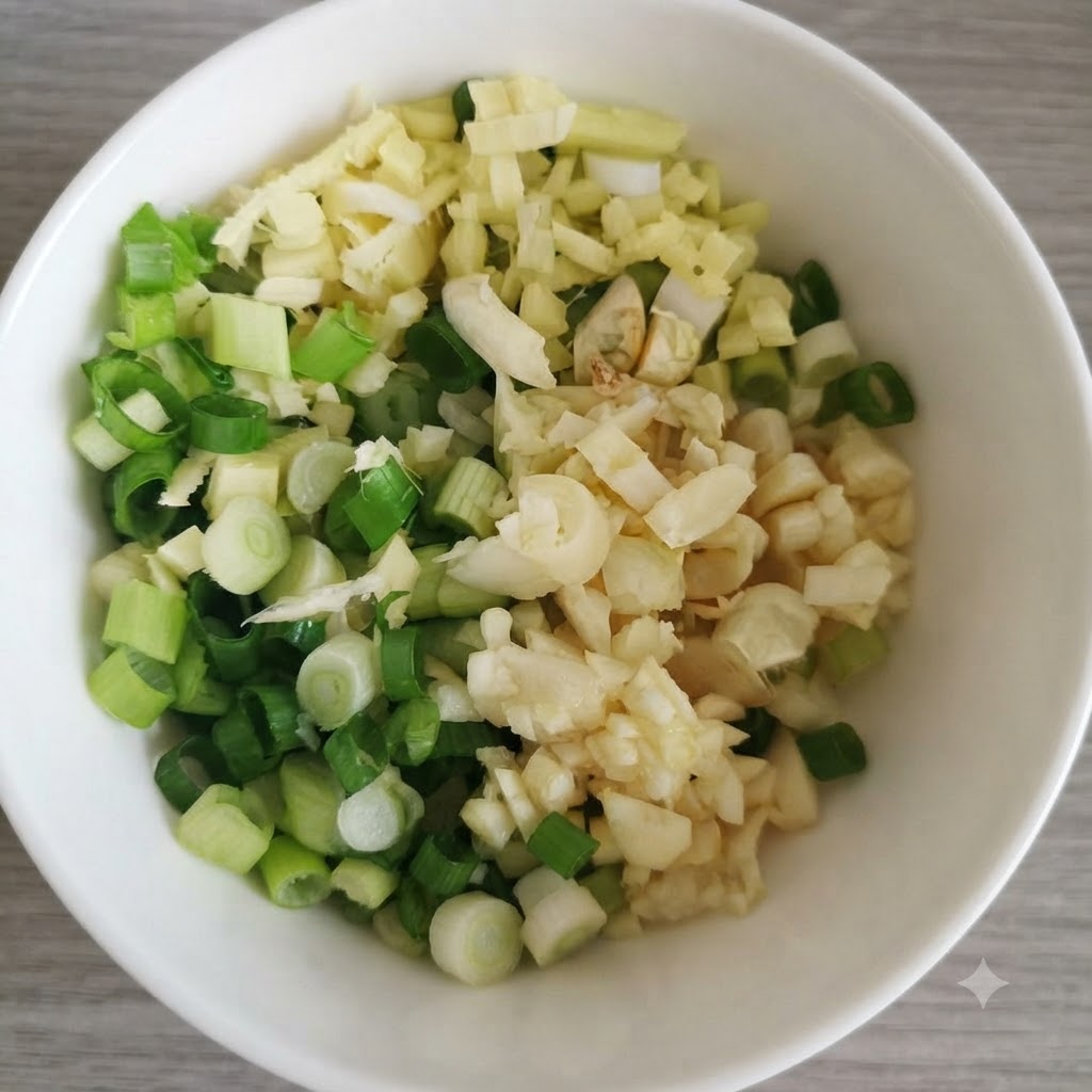 Un cuenco blanco lleno de cebollas verdes picadas finamente, ajo picado y jengibre en rodajas.