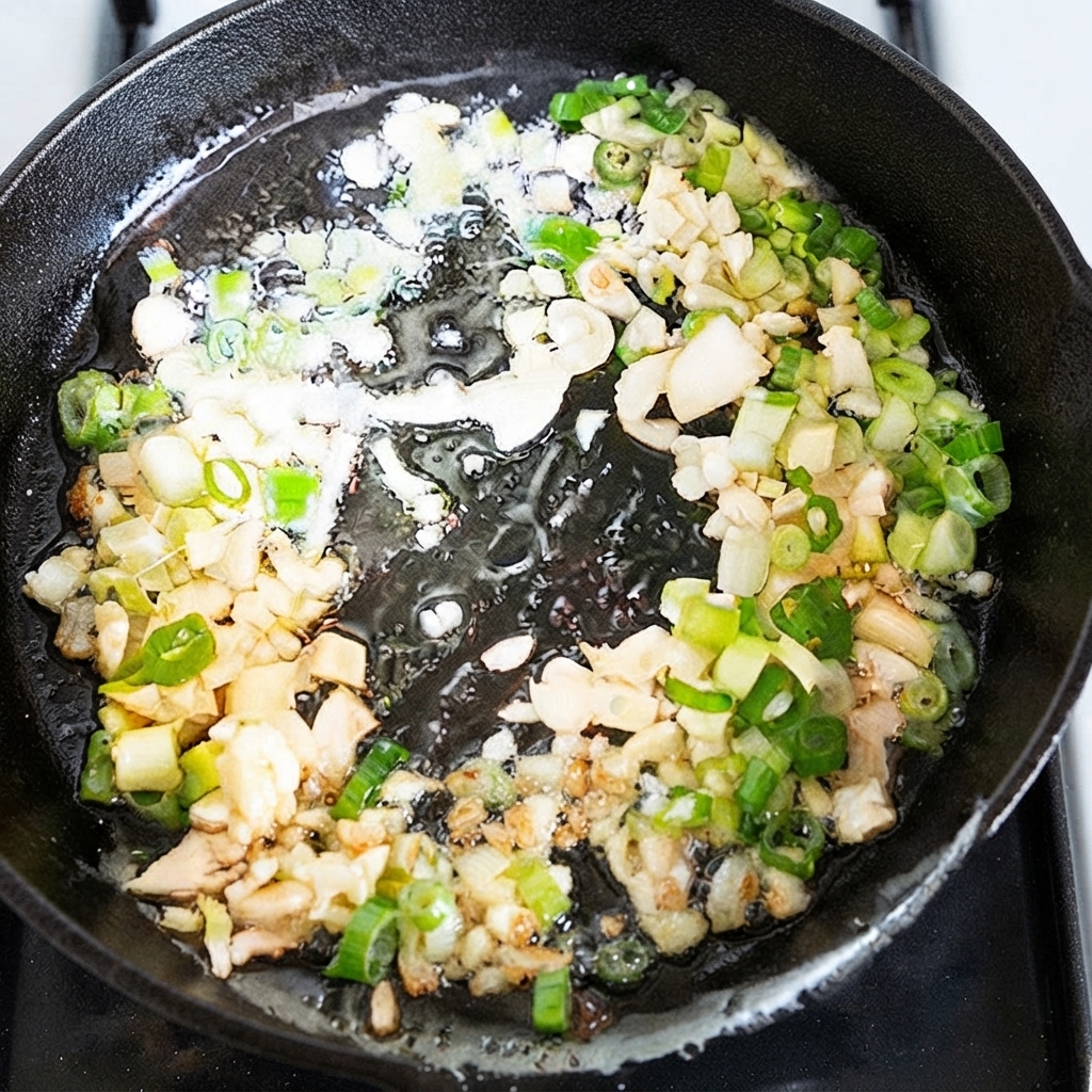 Cebollas verdes, ajo picado y jengibre chisporroteando en aceite caliente dentro de una sartén negra.
