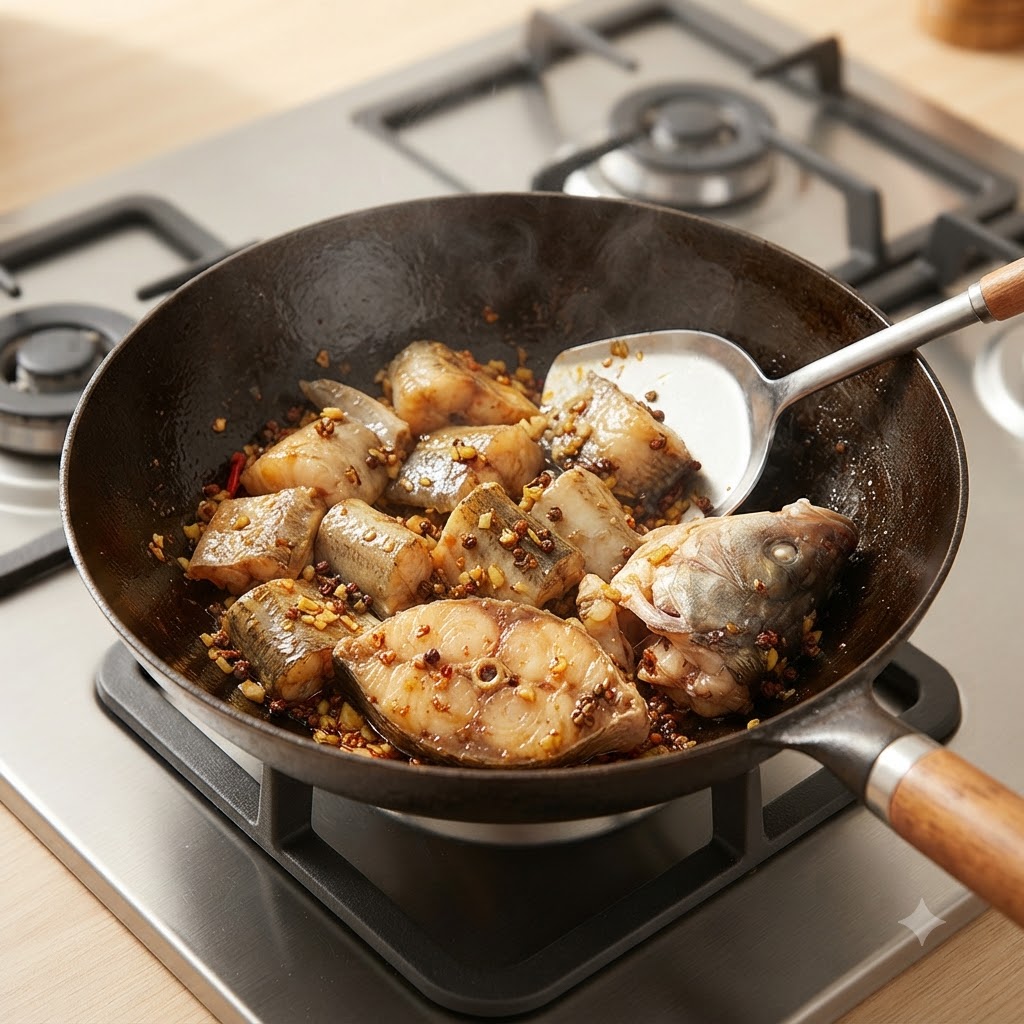 Trozos de pescado abadejo siendo salteados con aromáticos dentro de un wok usando una espátula de metal.