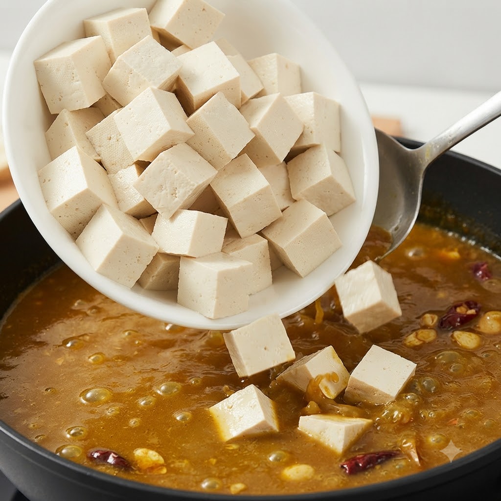 Cubos de tofu siendo vertidos desde un tazón blanco en el caldo de sopa hirviendo.