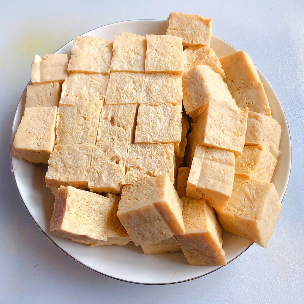 Cubos de tofu firme recién cortados dispuestos en un plato blanco.