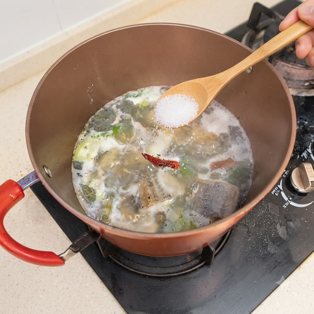 Una cuchara de madera añadiendo sal y pimienta blanca a una olla burbujeante de sopa de pescado.