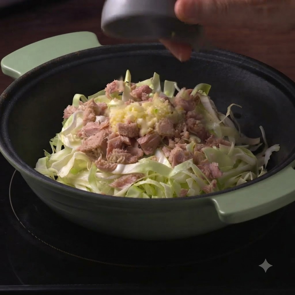 Un pequeño cuenco o cuchara añadiendo ajo picado sobre la col picada y el atún en lata en una olla de cocina verde.