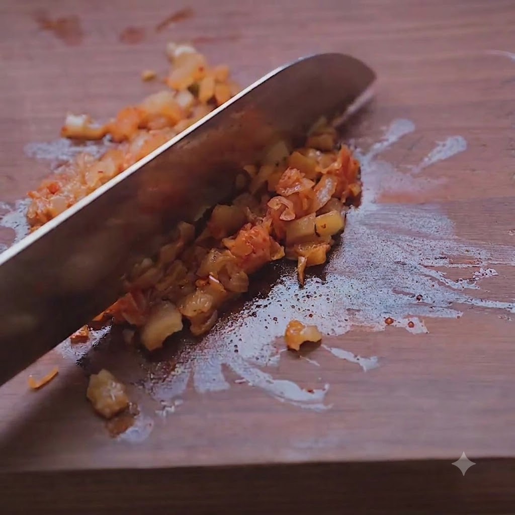 Kimchi picado finamente siendo mezclado en la ensalada de atún.