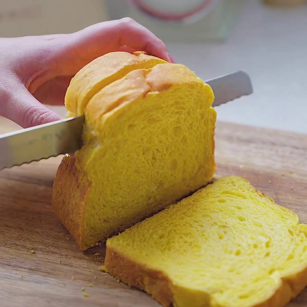 Una barra de pan de calabaza amarillo siendo cortada en trozos gruesos.