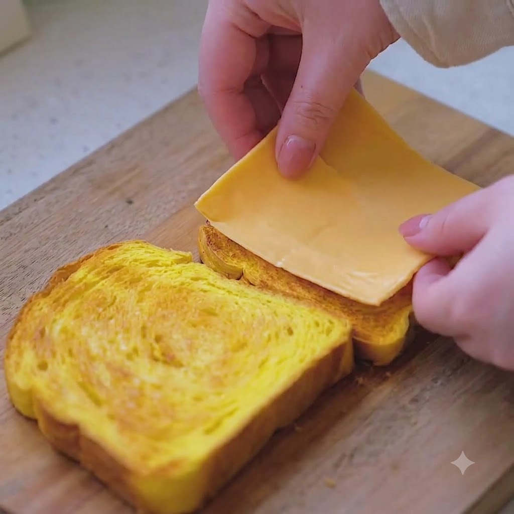 Dos rebanadas de queso amarillo siendo colocadas sobre pan de calabaza tostado y tibio en una tabla de madera.
