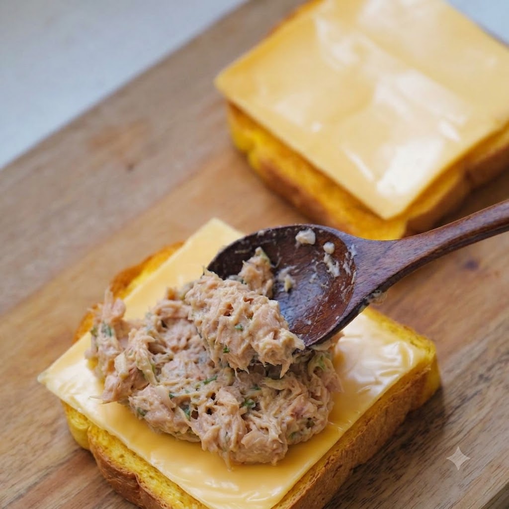 Una cuchara de madera tomando y esparciendo una mezcla de atún y kimchi sobre una rebanada de pan cubierta con queso.