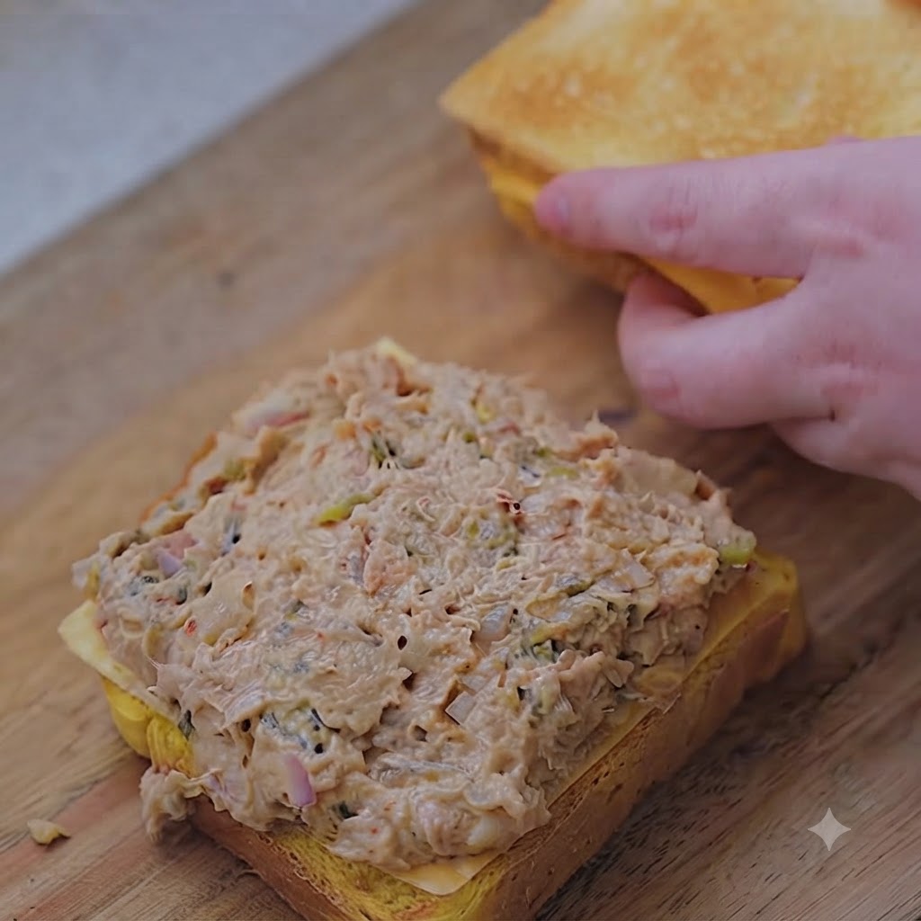 Una mano colocando la rebanada superior de pan dorado sobre el relleno preparado de atún y kimchi.