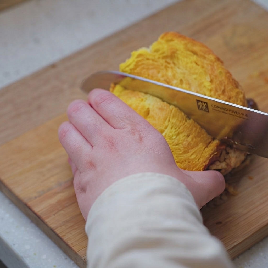 Un cuchillo afilado cortando diagonalmente a través de un sándwich cargado en una tabla de cortar, mostrando secciones transversales limpias.