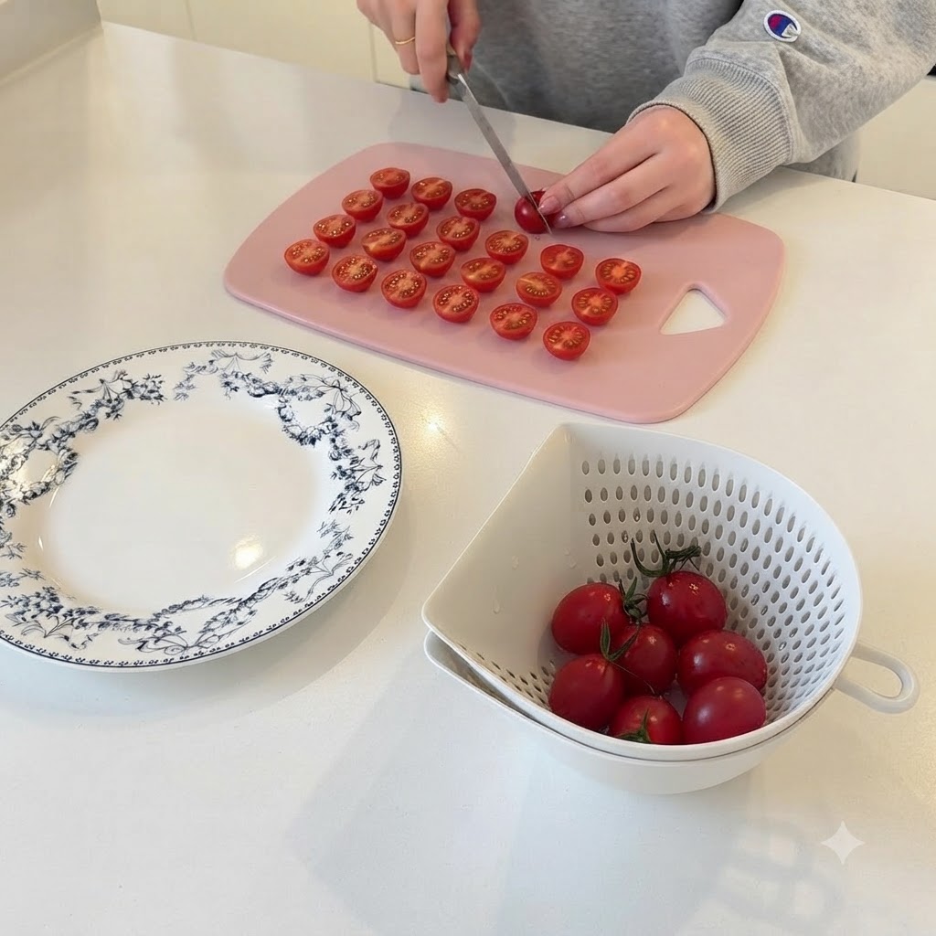Manos cortando tomates cherry rojos por la mitad con un cuchillo sobre una tabla de cortar rosa.