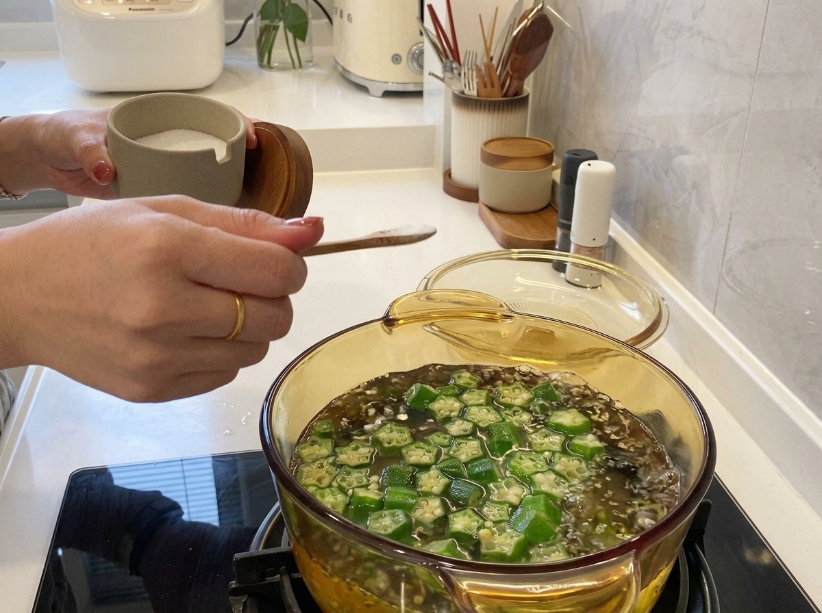 Una mano añadiendo una cucharada de sal a una olla de vidrio transparente hirviendo llena de okra verde en rodajas.
