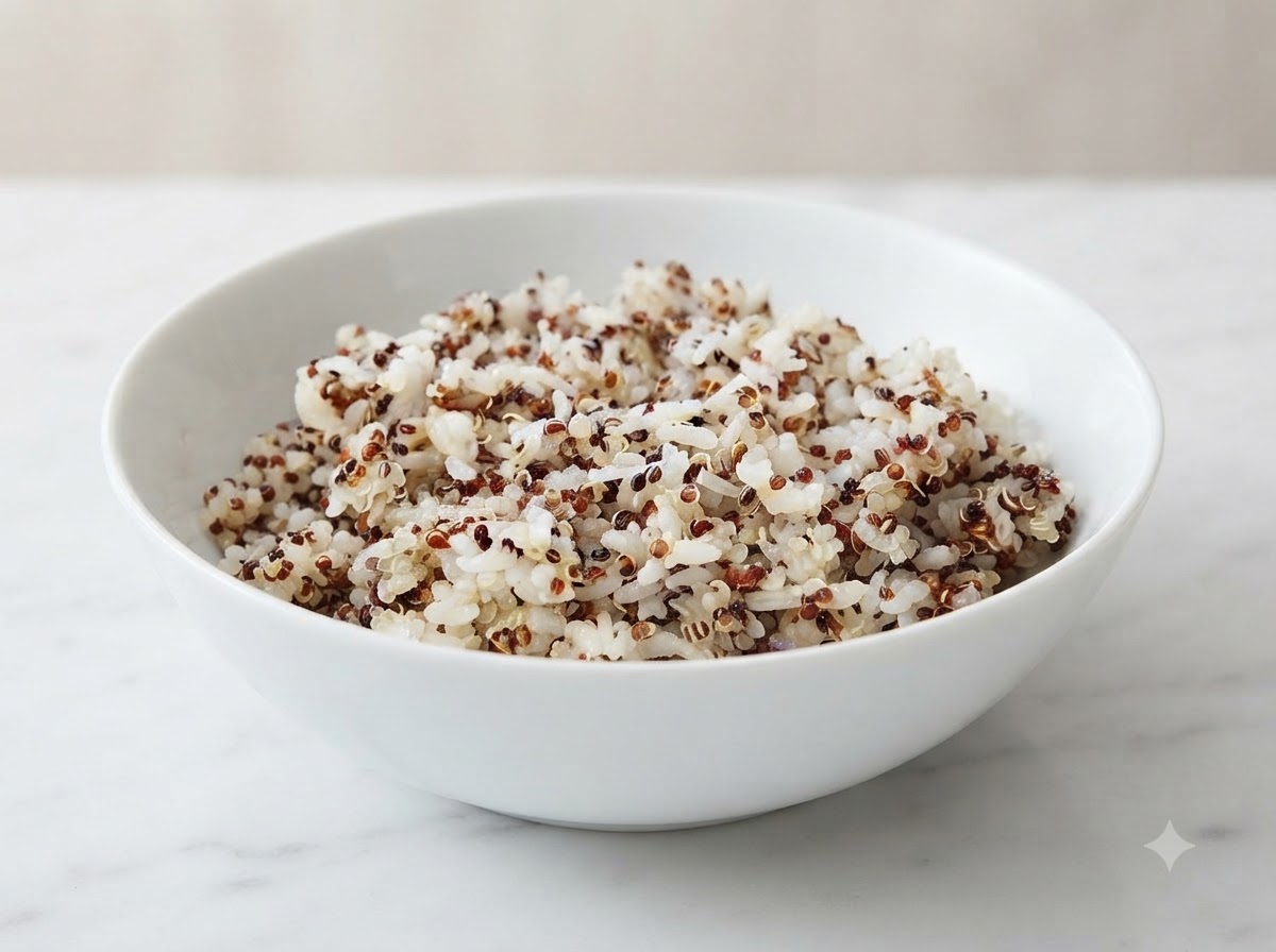 Mezcla de quinoa y arroz blanco recién cocinados servida ordenadamente dentro de un bol de cerámica blanca limpio.