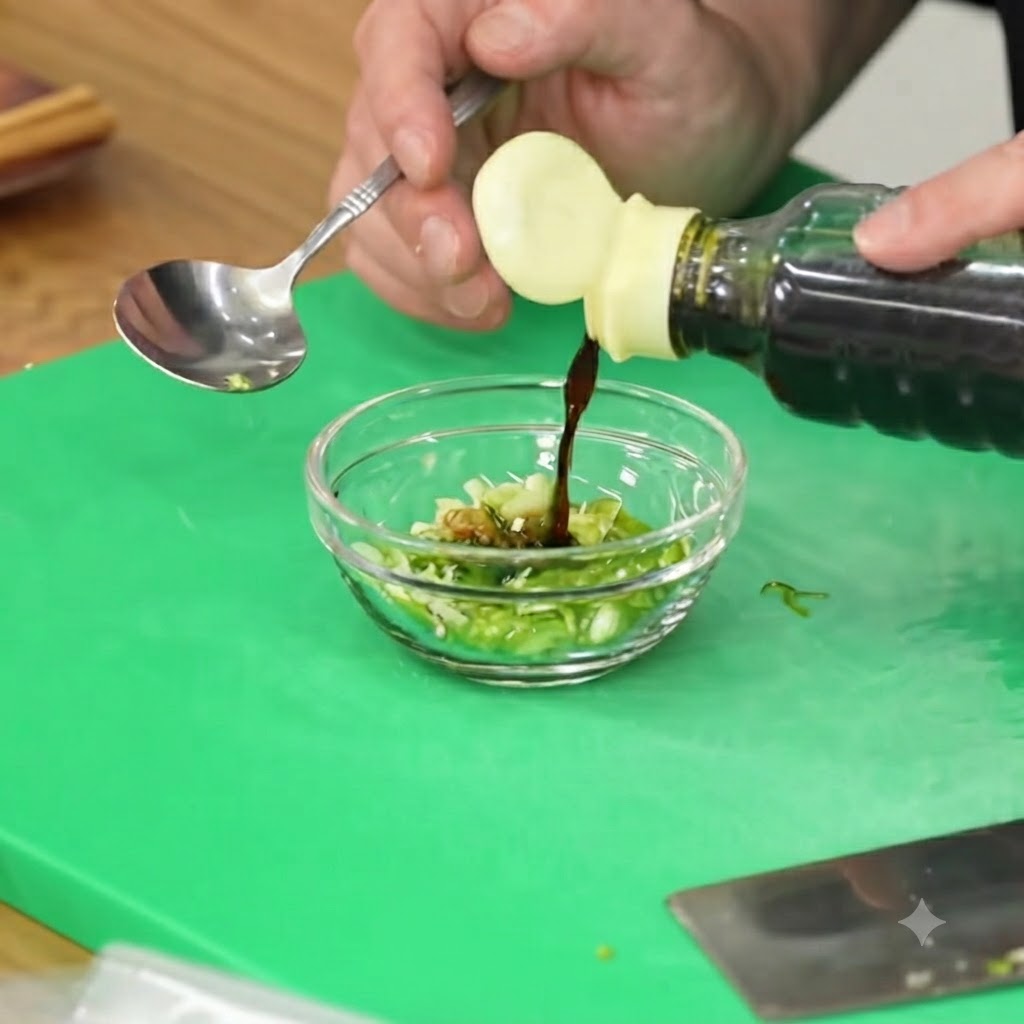 Salsa de soja vertiéndose en un pequeño recipiente de vidrio que contiene cebollines y chiles picados.