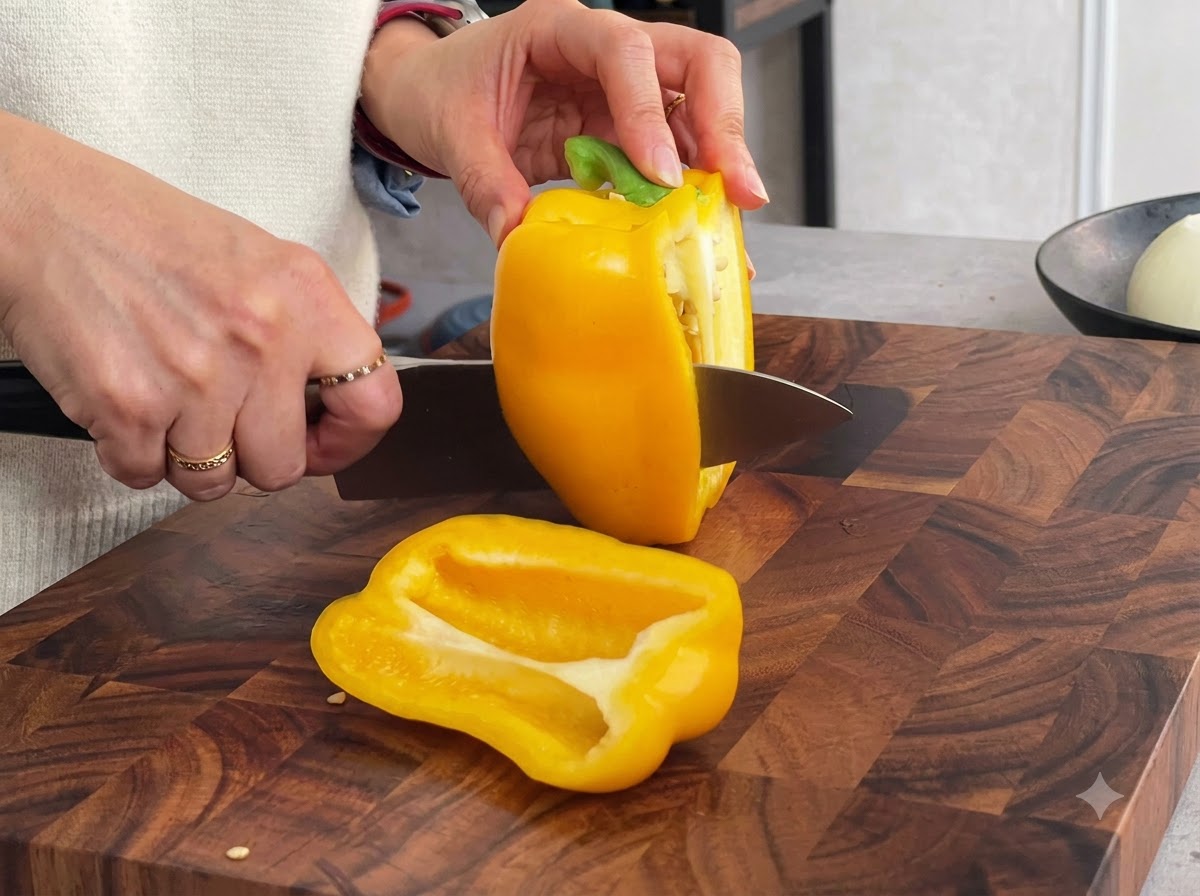 Un pimiento amarillo siendo cortado en tiras uniformes sobre una tabla de cortar de madera con un cuchillo.